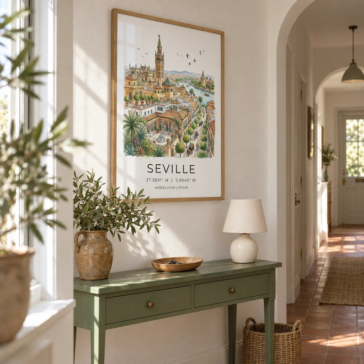 Seville Art Print, framed on the wall of a bright narrow hallway in a UK terraced home with chalky white walls and plain terracotta floor tiles