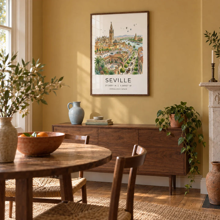 Seville Art Print, framed on the wall of a characterful dining room in a UK townhouse with a muted ochre wall and warm timber floor