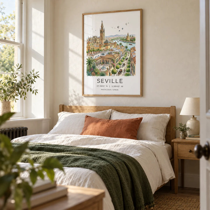 Seville Art Print, framed on the wall of a relaxed bedroom in a UK period home with warm white plaster walls and a simple oak double bed