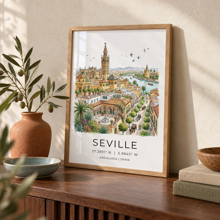 Seville Art Print, a small A4 framed print leaning on a walnut side table in a hallway