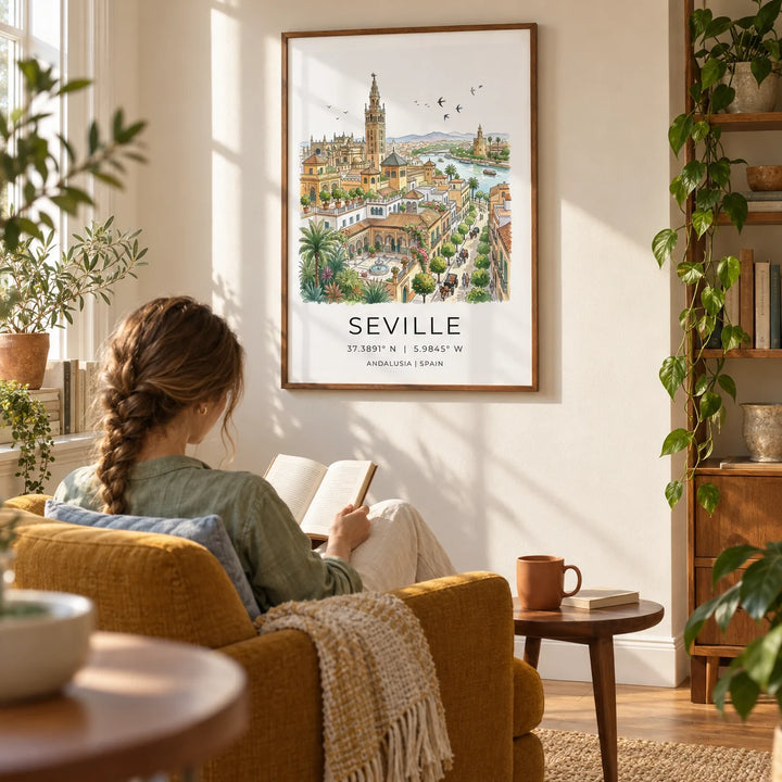 Seville Art Print, framed on the wall of a sunny reading corner in a UK flat belonging to a travel-loving adult (30-45) in a living room