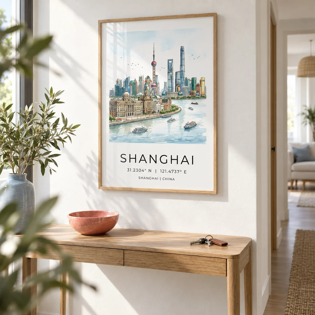 Shanghai City Art Print, framed on the wall of a bright hallway with a white wall