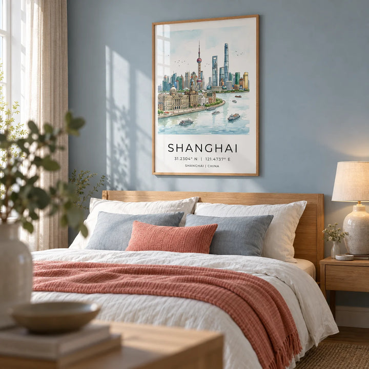 Shanghai City Art Print, framed on the wall of a calm bedroom with a soft blue-grey wall