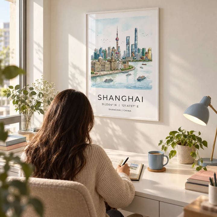 Shanghai City Art Print, framed on the wall of a calm home office with a warm white wall