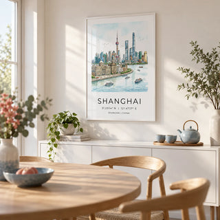 Shanghai City Art Print, framed on the wall of a light dining room