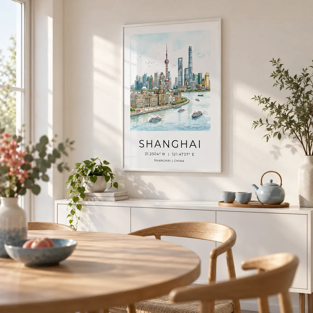 Shanghai City Art Print, framed on the wall of a light dining room