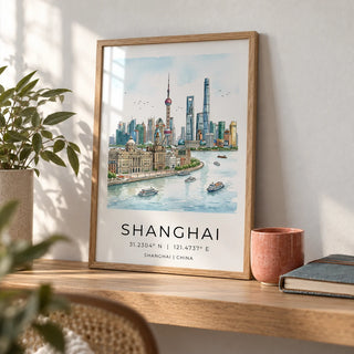 Shanghai City Art Print, a small A4 framed print leaning on an oak shelf in a living room