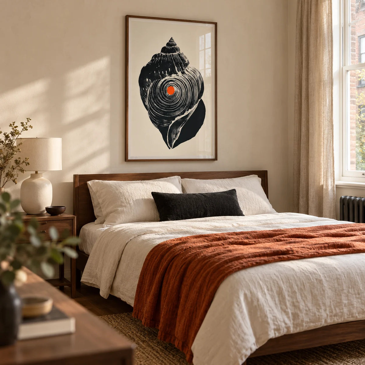 Shankha Art Print, framed on the wall of a calm contemporary bedroom in a British townhouse with warm cream plaster walls