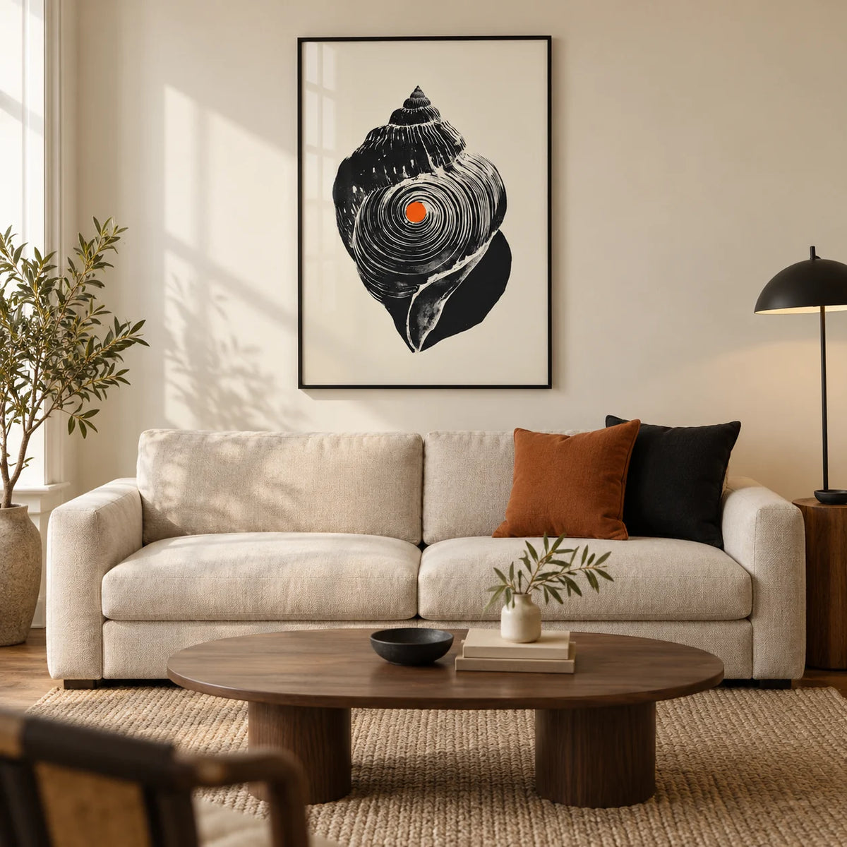 Shankha Art Print, framed on the wall of a contemporary living room in a UK city flat with warm cream walls and walnut floorboards