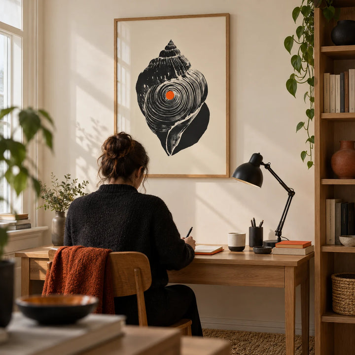 Shankha Art Print, framed on the wall of a quiet home study in a UK flat with a cream wall and oak shelving