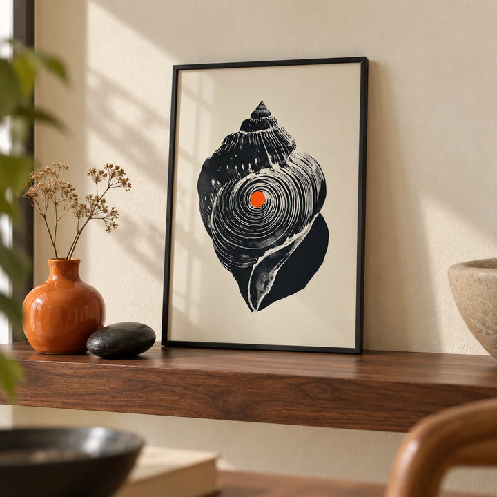Shankha Art Print, a small A4 framed print leaning on a walnut shelf in a living room