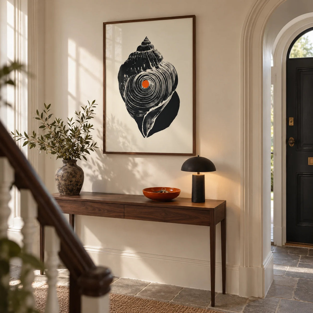 Shankha Art Print, framed on the wall of a welcoming hallway in a renovated British terrace with chalky cream walls and a simple stone floor