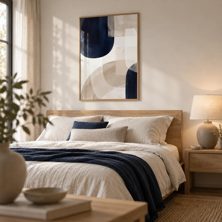 Shapes Minimalist Print, framed on the wall of a calm bedroom