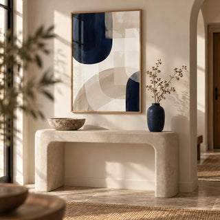Shapes Minimalist Print, framed on the wall of a calm hallway