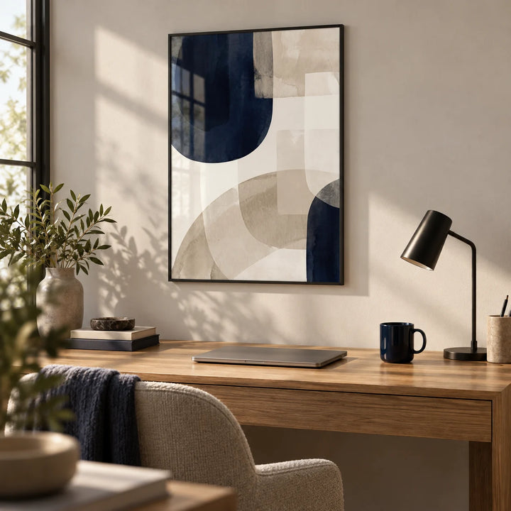 Shapes Minimalist Print, framed on the wall of a calm home office
