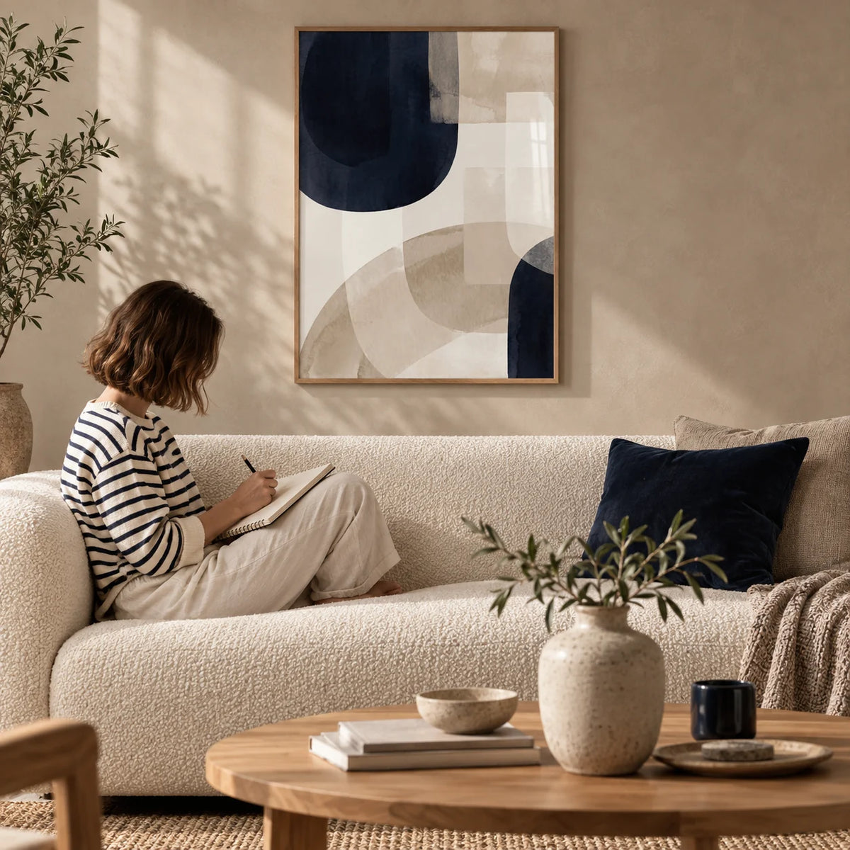 Shapes Minimalist Print, framed on the wall of a calm modern living room with a warm taupe limewashed wall