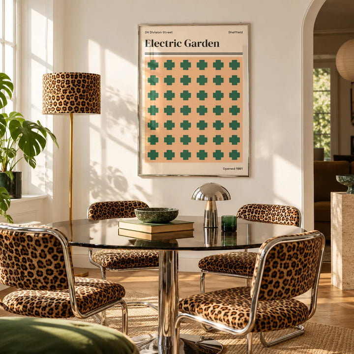 Sheffield Print, framed on the wall of a bright white dining room in strong afternoon sun
