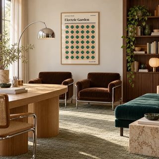 Sheffield Print, framed on the wall of a calm design studio office with a pale wall