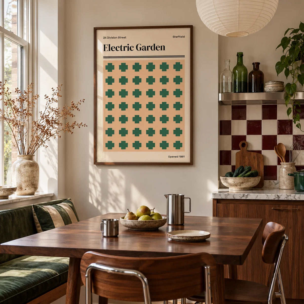 Sheffield Print, framed on the wall of a kitchen dining corner by a tall window in soft daylight