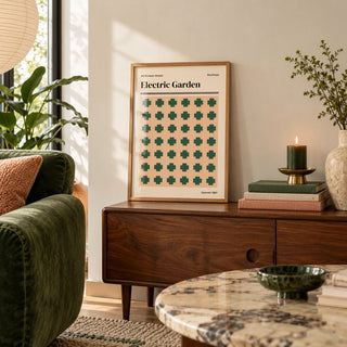 Sheffield Print, a small A4 framed print leaning on a walnut side table