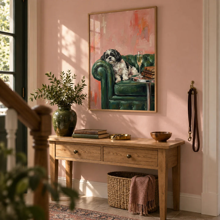 Shih Tzu Dog Print, framed on the wall of a characterful hallway with a pale pink wall