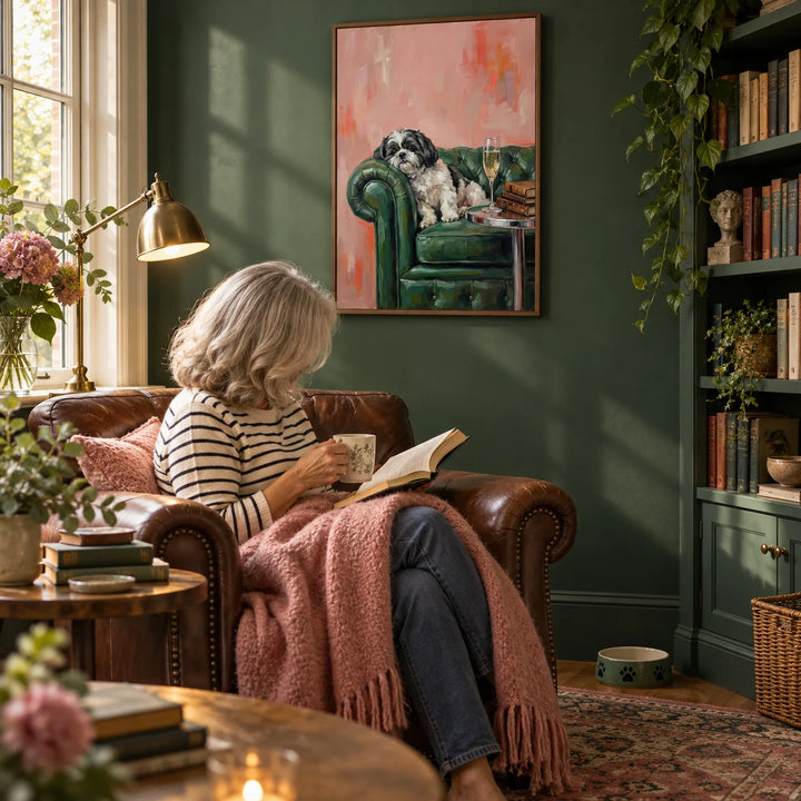 Shih Tzu Dog Print, framed on the wall of a cosy library snug with a dark green wall and bookshelves in a living room
