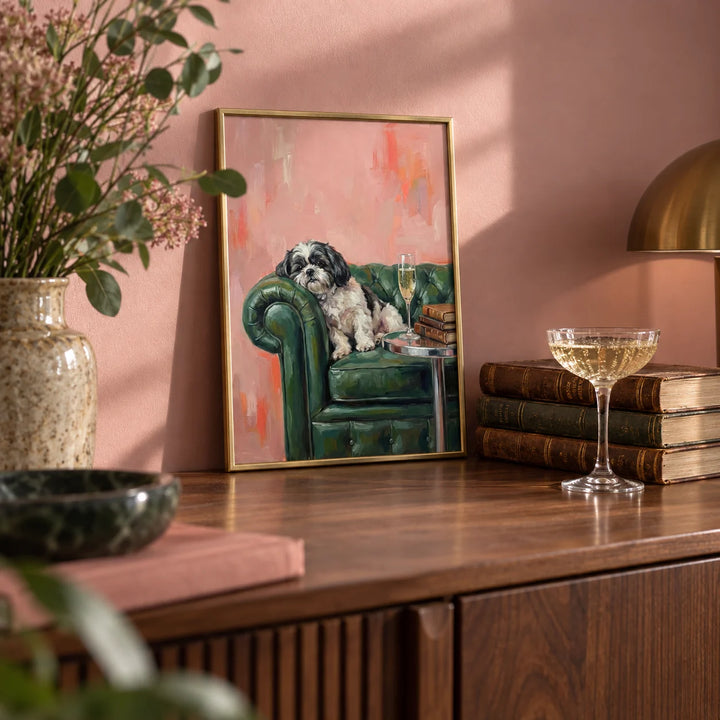 Shih Tzu Dog Print, a small A4 framed print leaning on a walnut sideboard in a living room