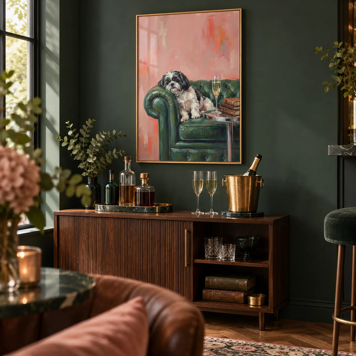 Shih Tzu Dog Print, framed on the wall of a small home bar corner with a bottle green wall in a living room