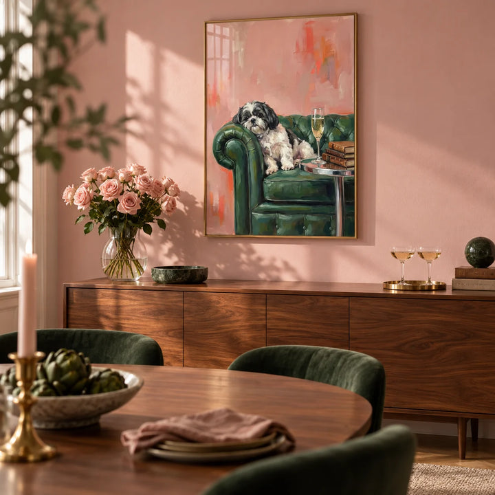 Shih Tzu Dog Print, framed on the wall of a smart dining room with a soft pink wall