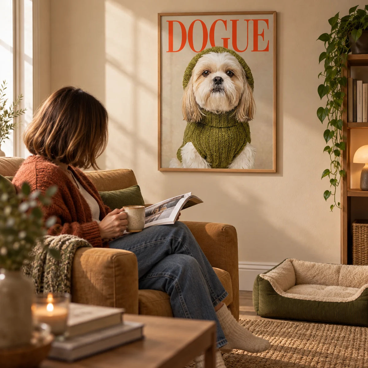 Shih Tzu Wall Print, framed on the wall of a cosy reading corner with a warm beige wall in a living room