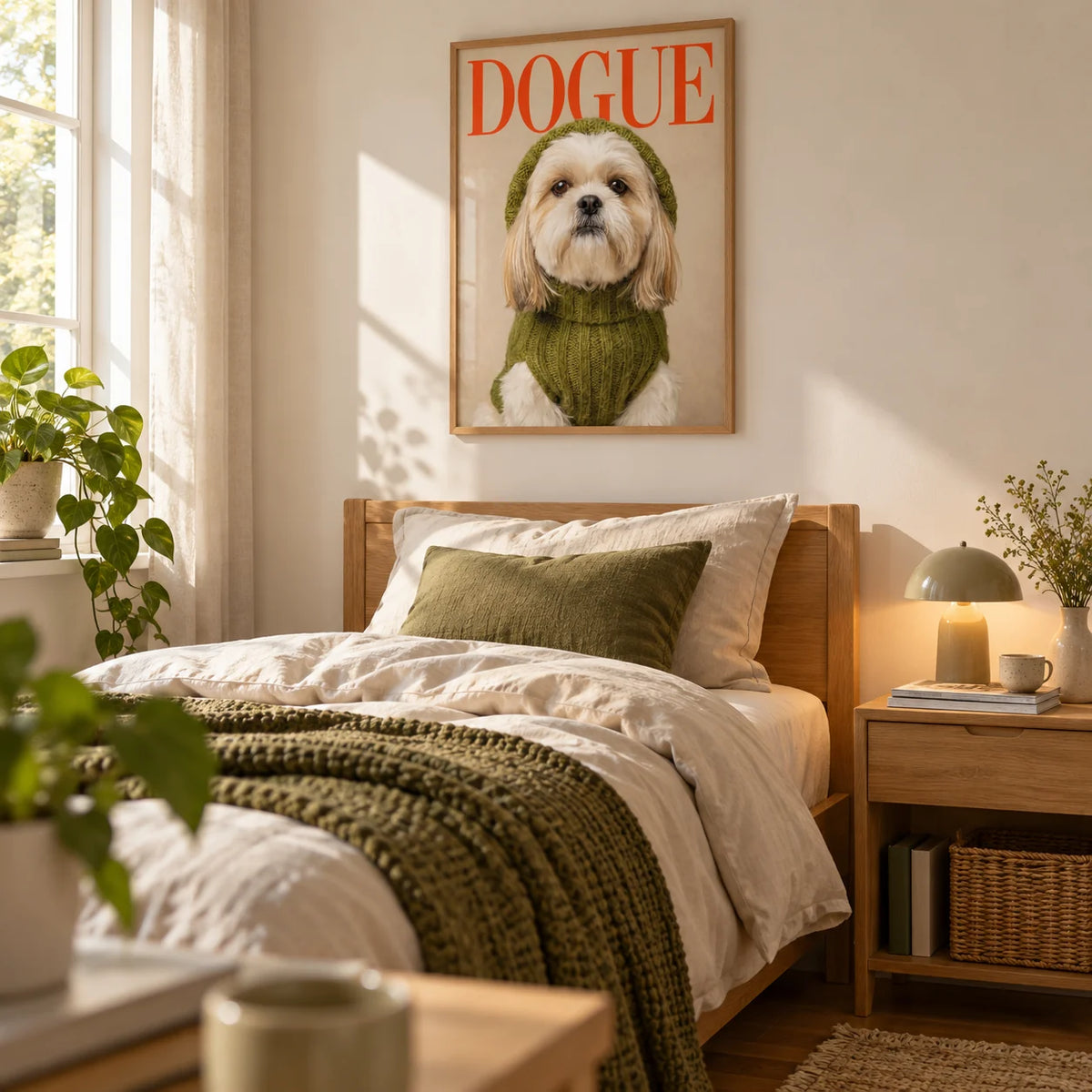 Shih Tzu Wall Print, framed on the wall of a cosy single bedroom for a young adult (18-25) with a warm white wall
