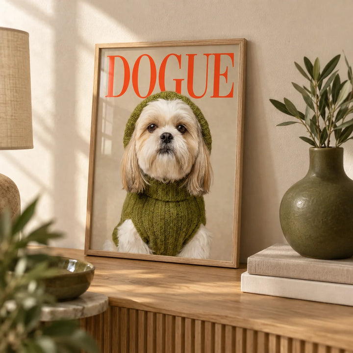 Shih Tzu Wall Print, a small A4 framed print leaning on an oak shelf in a living room