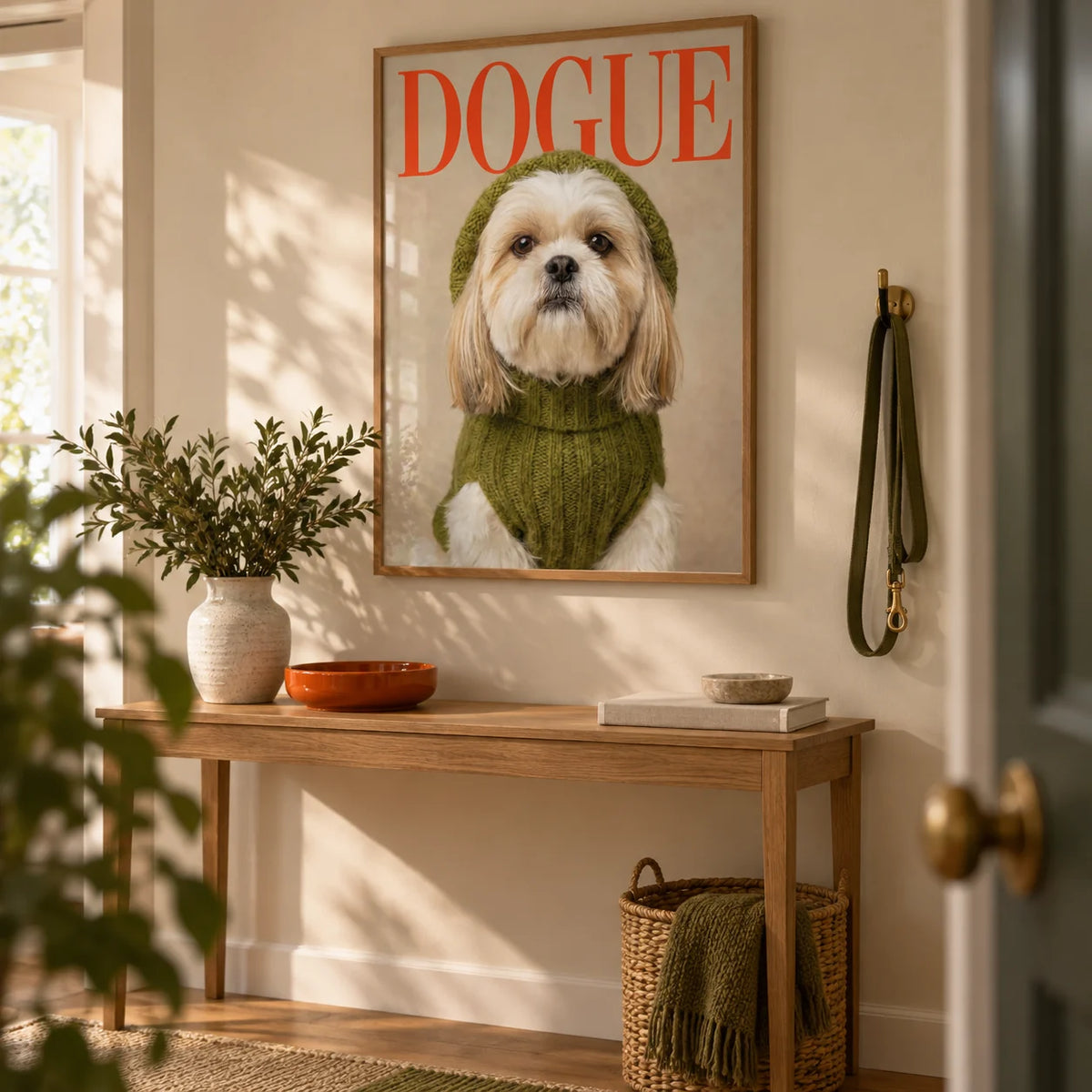 Shih Tzu Wall Print, framed on the wall of a warm hallway with a beige wall