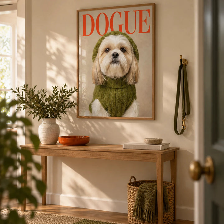 Shih Tzu Wall Print, framed on the wall of a warm hallway with a beige wall