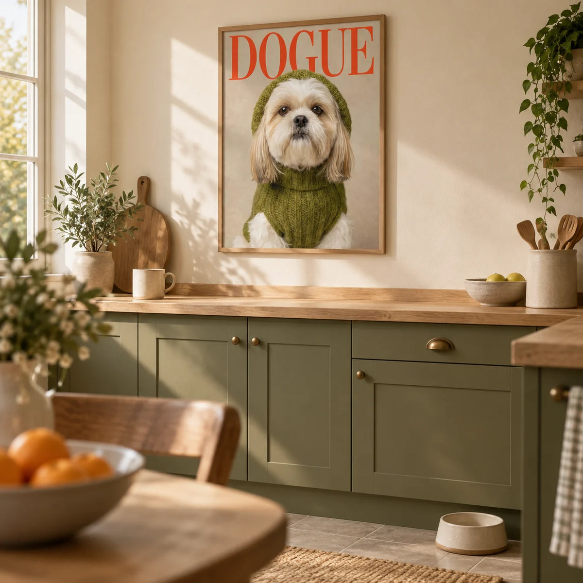 Shih Tzu Wall Print, framed on the wall of a warm kitchen with plain olive green cabinets and an oak worktop