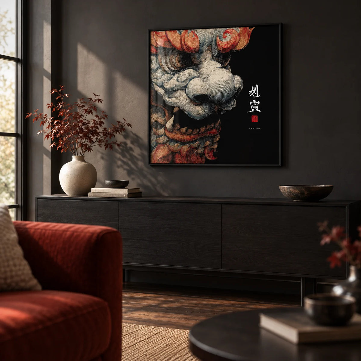 Shisa Print, framed on the wall of a modern living room with a charcoal wall and a dark wood floor
