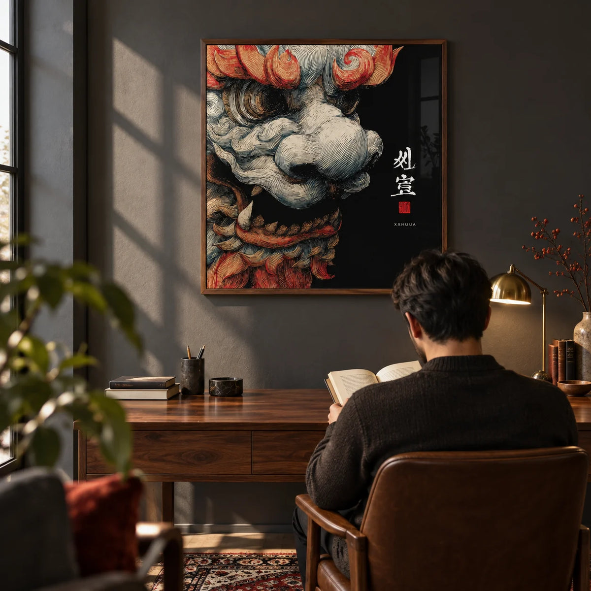 Shisa Print, framed on the wall of a warm study with a dark grey wall