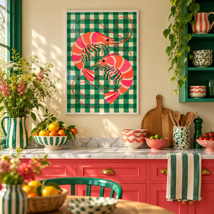 Shrimp Poster, framed on the wall of a colourful dopamine kitchen