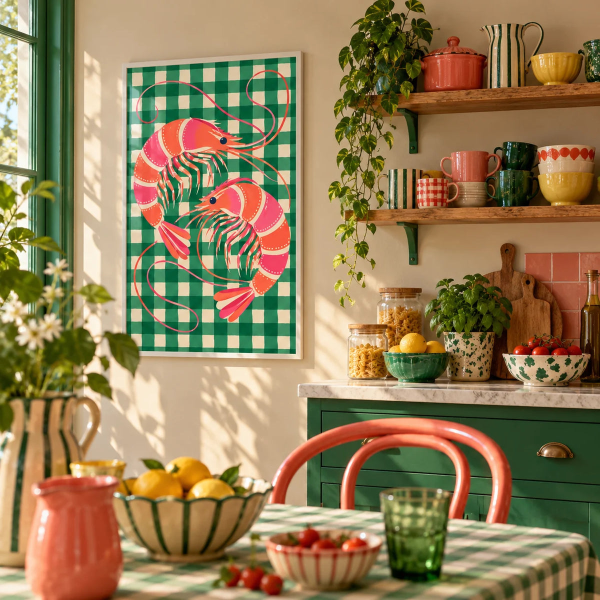 Shrimp Poster, framed on the wall of a fun kitchen corner