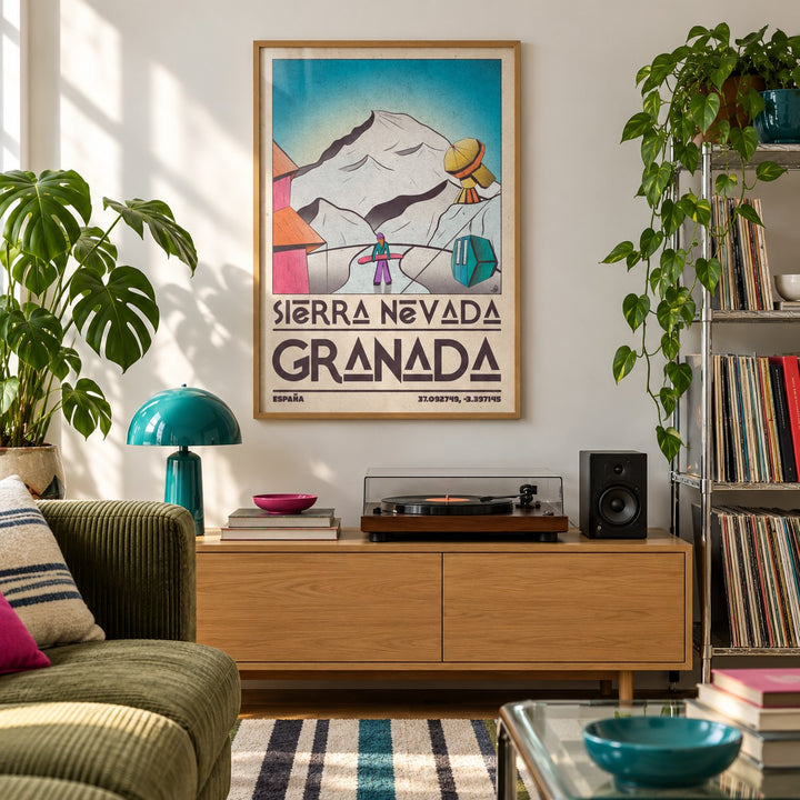 Sierra Nevada Art Print shown in a city apartment record corner (frame not included)