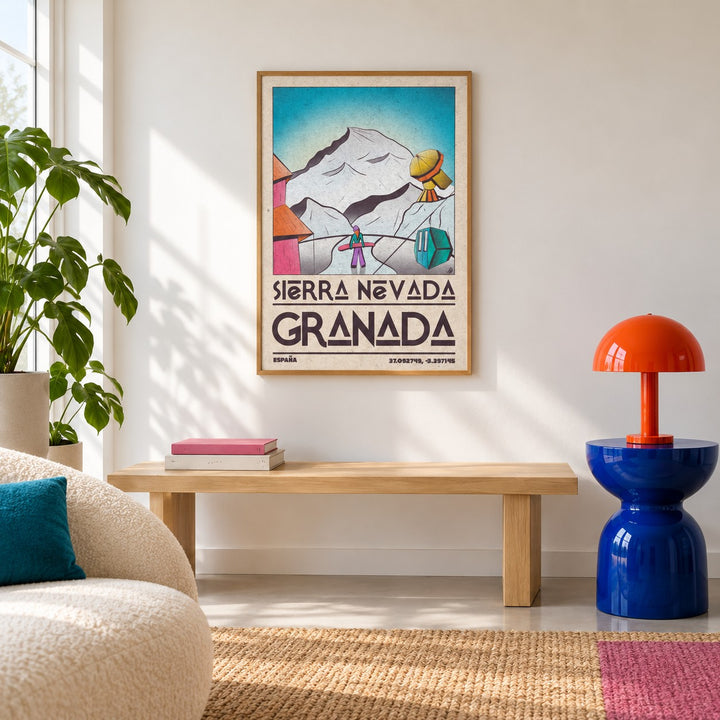 Sierra Nevada Art Print shown in a colourful minimalist living room with a bench (frame not included)