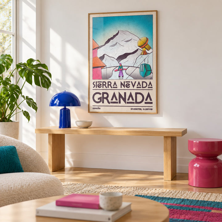 Sierra Nevada Art Print shown in a minimalist living room with an oak console (frame not included)