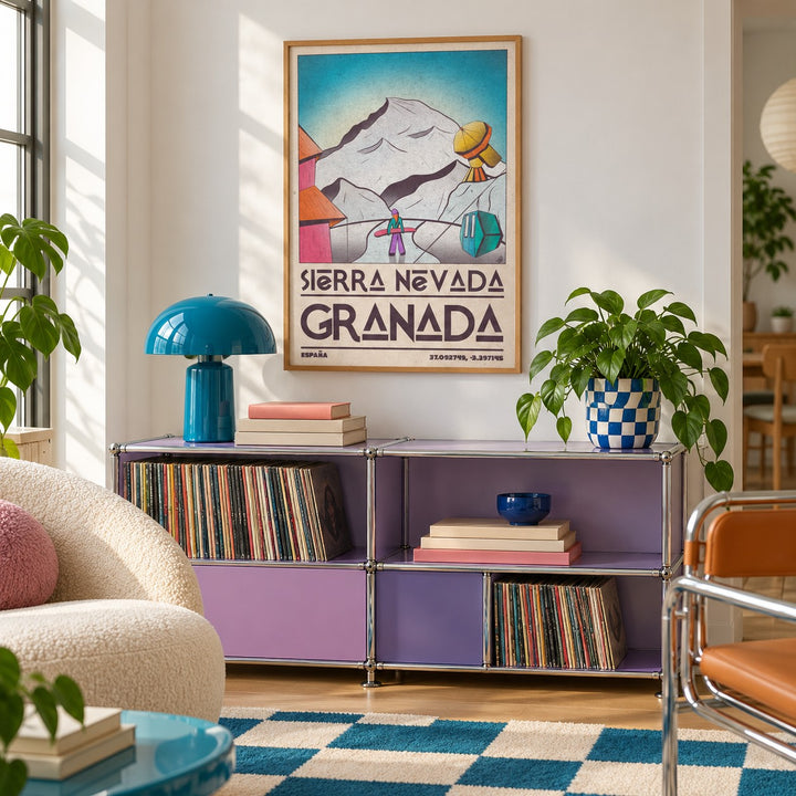 Sierra Nevada Art Print shown in a playful living room with a modular console (frame not included)