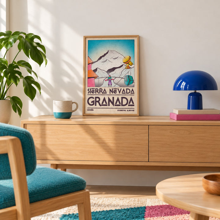 Sierra Nevada Art Print shown in the small A4 size on a styled console (frame not included)