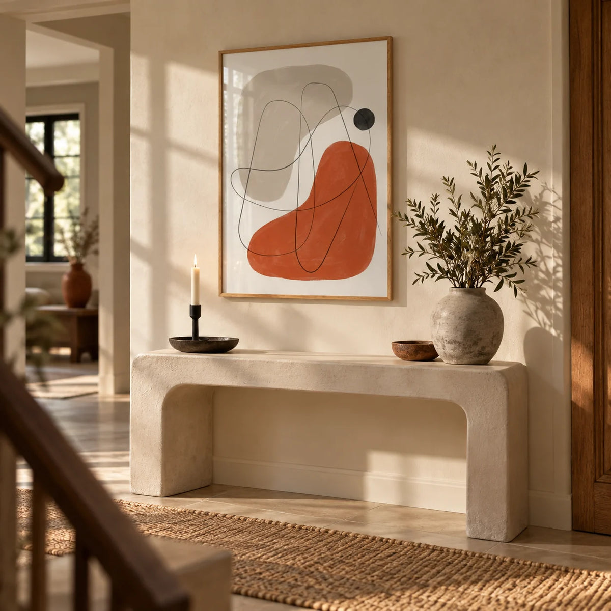 Simple Abstract Art, framed on the wall of a warm hallway