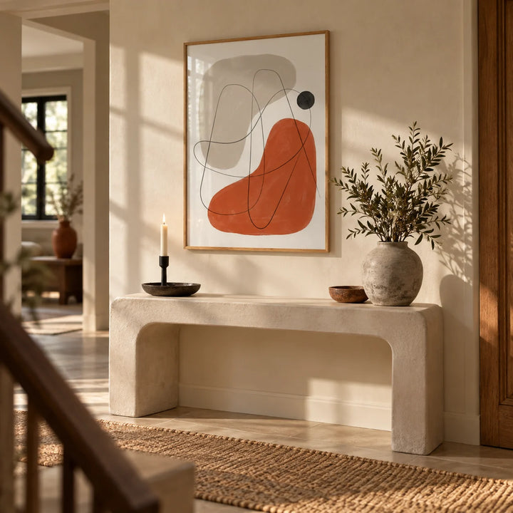 Simple Abstract Art, framed on the wall of a warm hallway