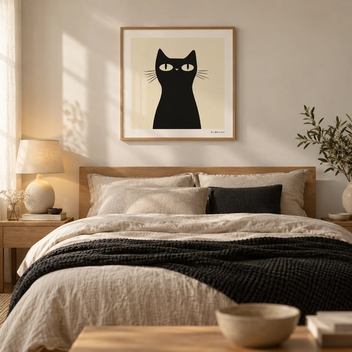 Simple Black Cat Art, framed on the wall of a calm bedroom