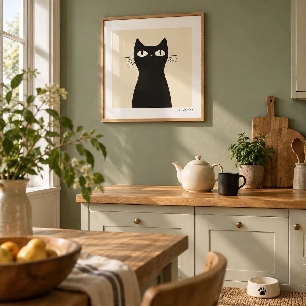Simple Black Cat Art, framed on the wall of a cosy kitchen with a sage green wall