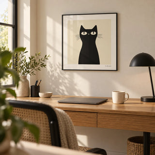 Simple Black Cat Art, framed on the wall of a quiet home office