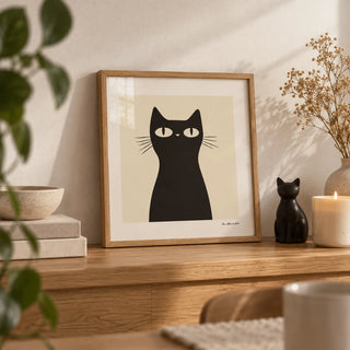 Simple Black Cat Art, a small A4 framed print leaning on an oak shelf in a living room